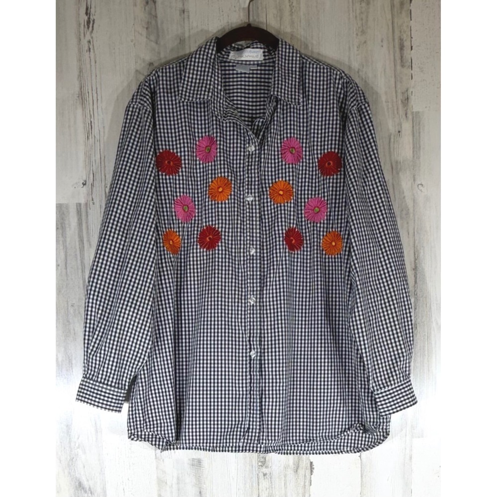 Casey Coleman Button Down Shirt XL Black Gingham Seersucker Embroidered Floral